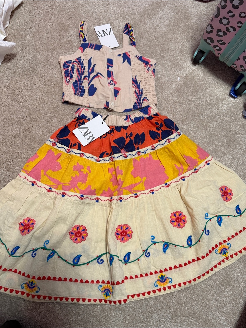 Zara Kids Cream Floral Tiered set with Pink & Yellow Accents